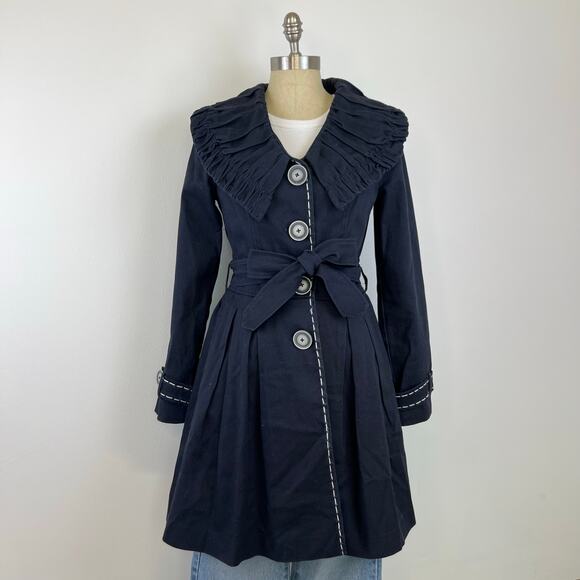 Nick and Mo Peter Pan Collared Button Front Navy Blue Tie Waist Long Jacket (M) - Picture 12 of 14